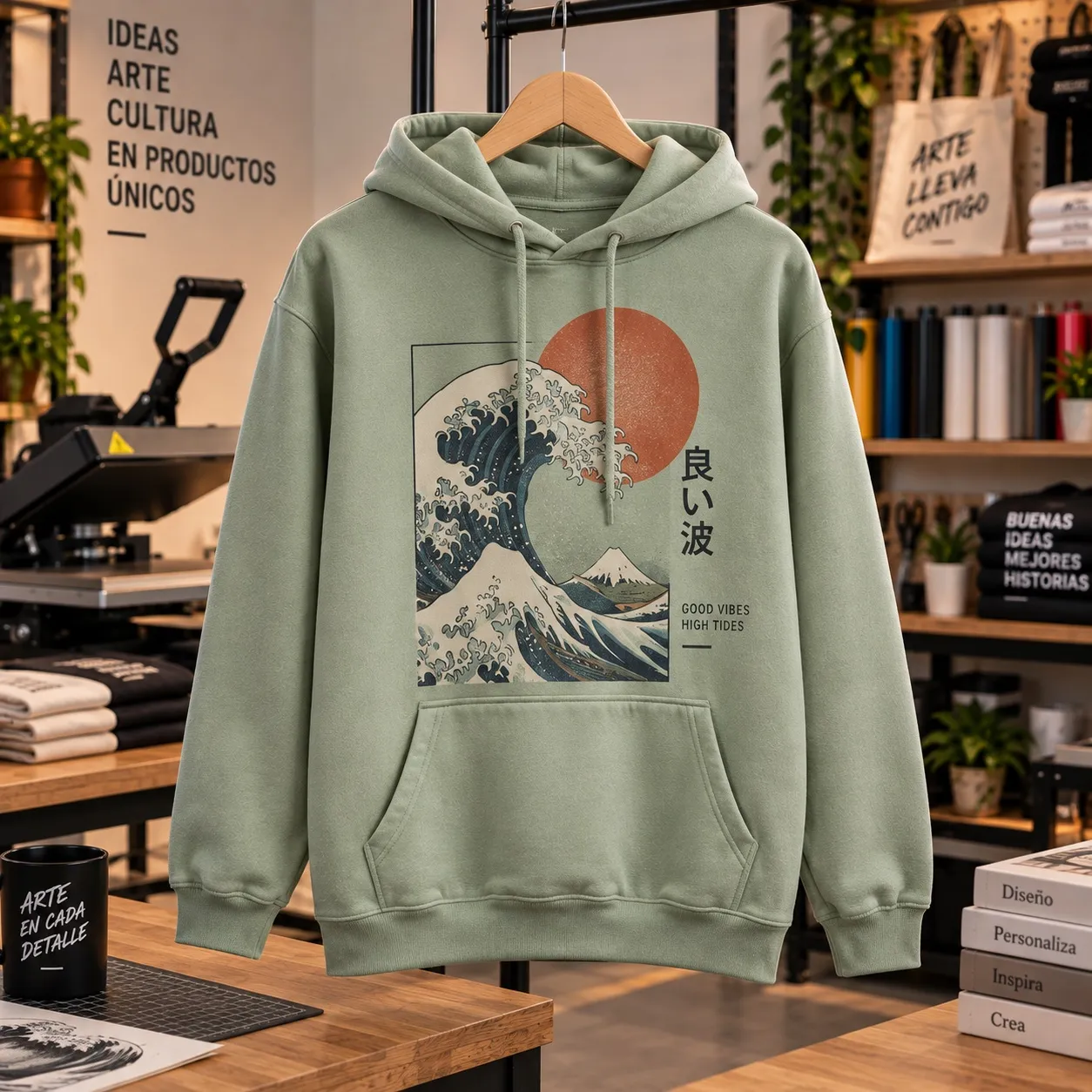 Hoodie verde salvia con La gran ola de Kanagawa impresa al frente, colgada en el taller.