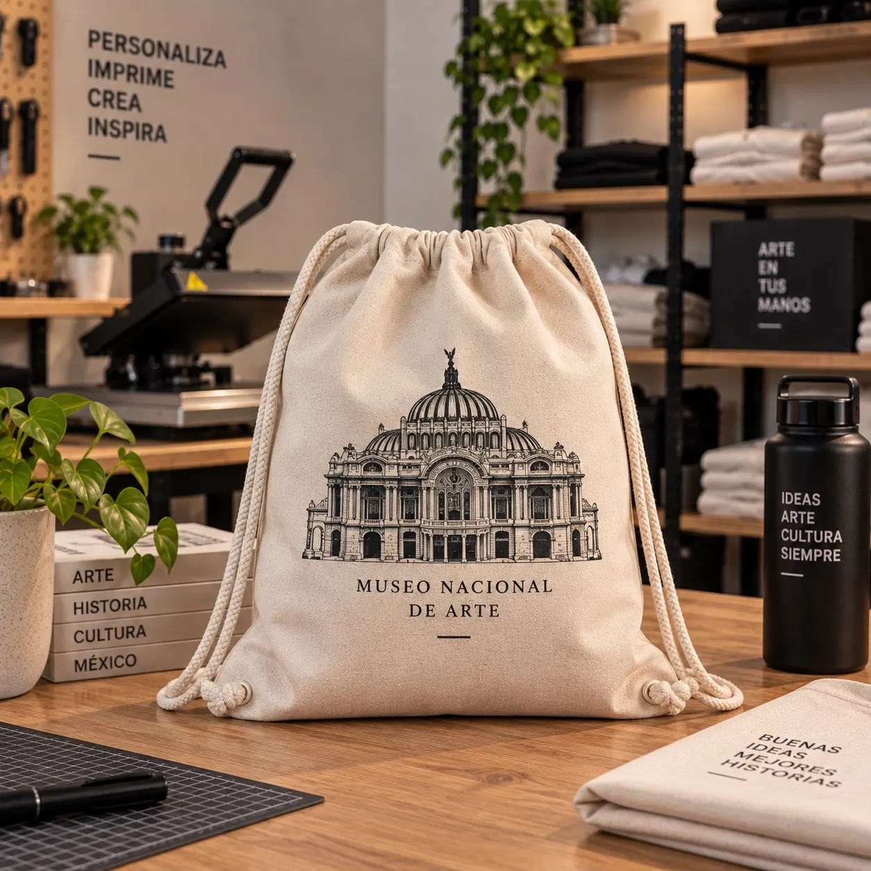 Morral de manta con jareta y la fachada del Palacio de Bellas Artes dibujada en línea.